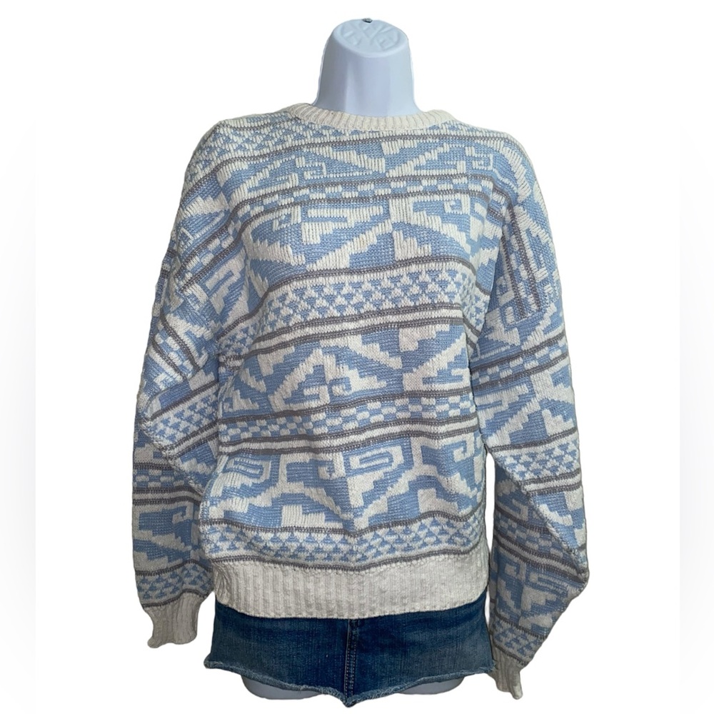 vintage 80s blue white and gray patterned sweater